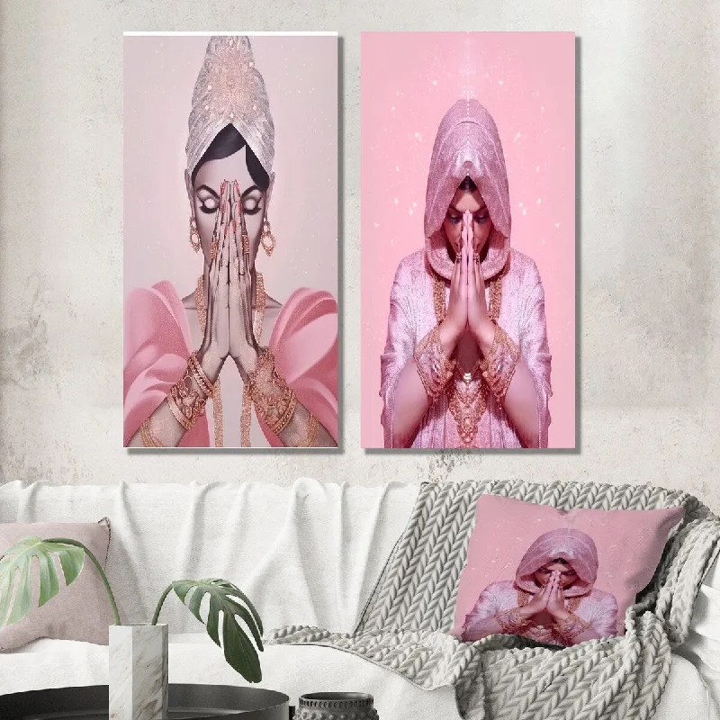 Nature themed abstract floral wall art for peace-Designart "Namaste Mudra Retro Pink Glam Woman II" Hinduisim Wall Art Set of 2 - Traditional Wall Art For Bedroom