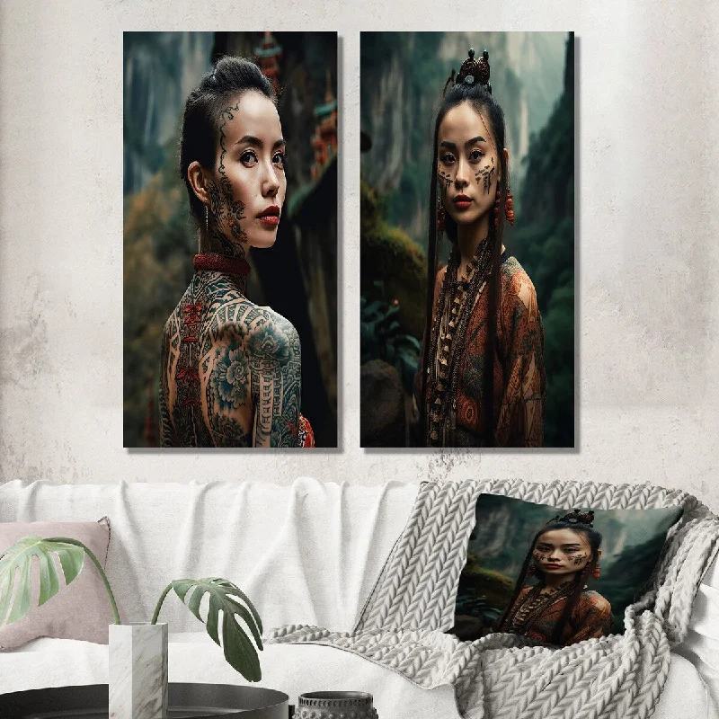 Boho style floral canvas wall art for softness-Designart "Native Chinese Tribal Woman I" Asian Woman Wall Art Set of 2 - Glam Wall Art For Home Decor