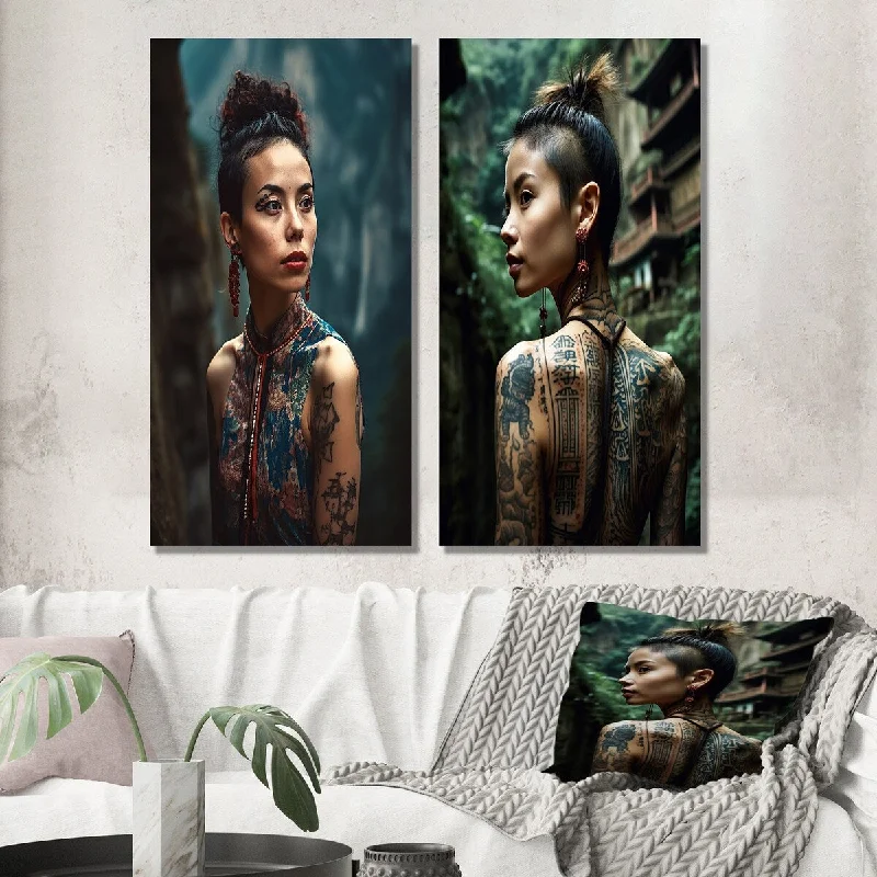 Luxury gold animal wall art for glamour-Designart "Native Chinese Tribal Woman III" Asian Woman Wall Art Set of 2 - Glam Living Room Decor