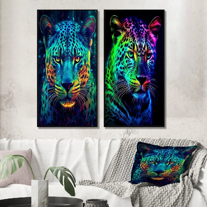 Rustic wooden floral canvas wall art for depth-Designart "Neon Portrait Of Wild Tiger IV" Animals Lion Framed Wall Art Set Of 2 - Children's Art Wall Art Set Of 2