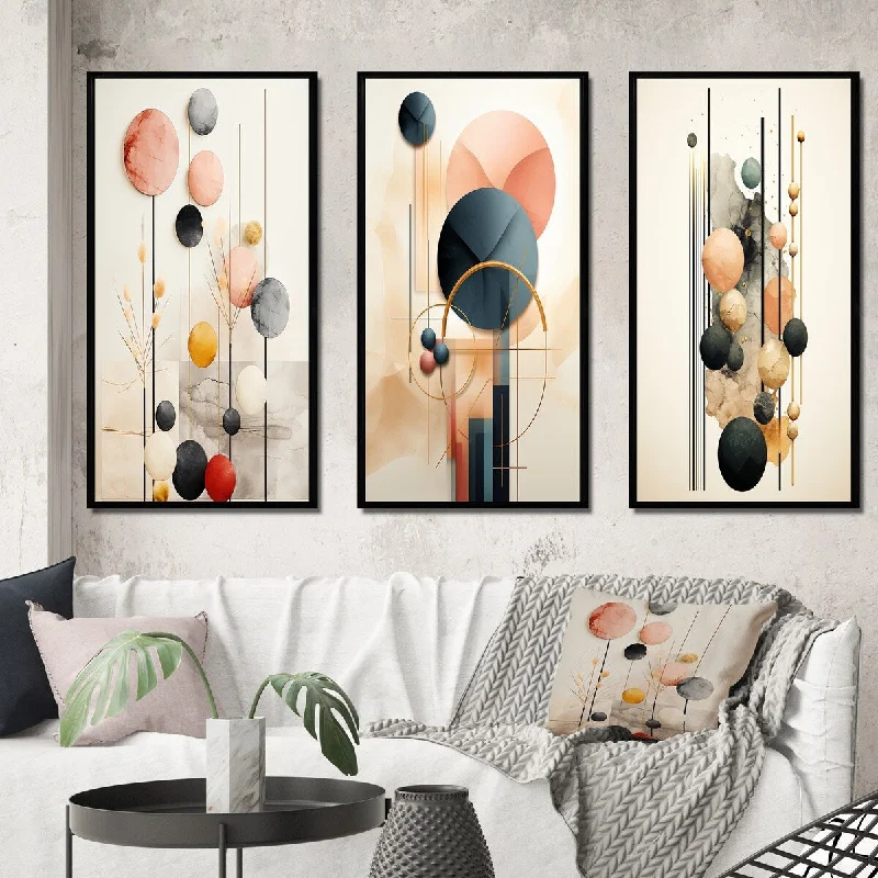 Large floral canvas wall art for vibrancy-Designart "Opulence Circular Geometric In Retro Pastel III" Modern Geometric Framed Wall Art Set Of 3 For Office Decor