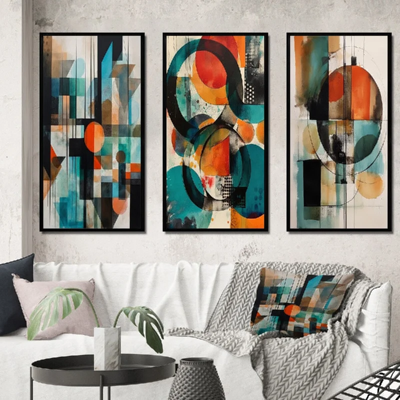 Handmade floral canvas wall art for beauty-Designart "Orange Abstracted Geometric Explorations IV" Modern Geometric Framed Wall Art Set Of 3 For Office Decor