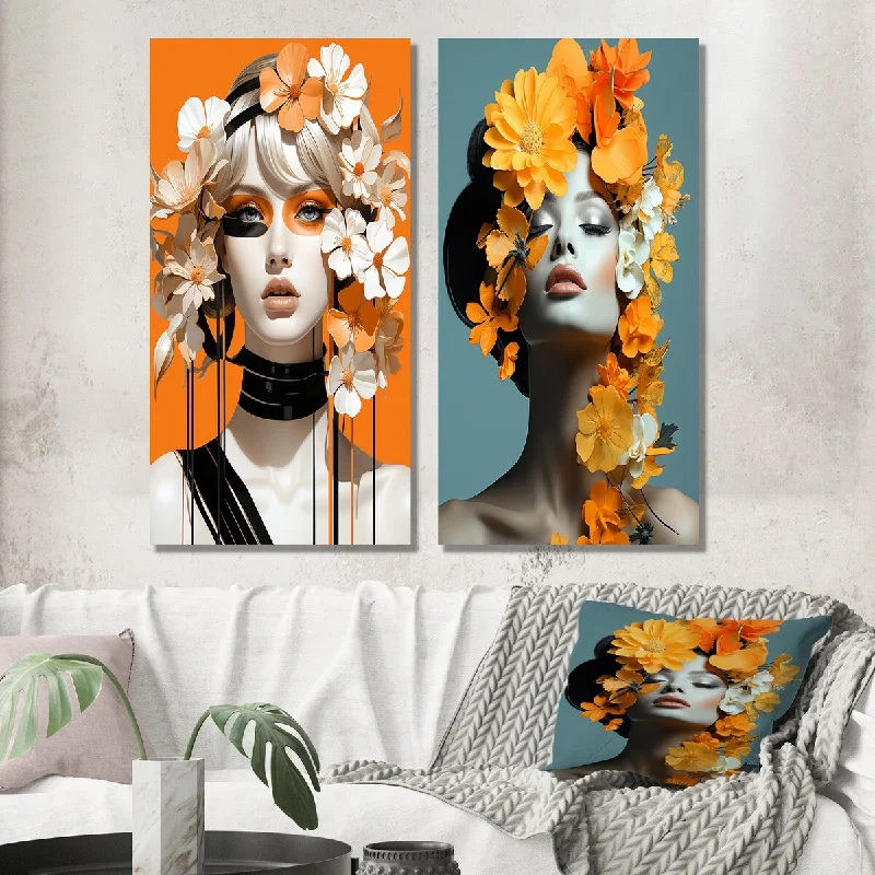 Boho macrame geometric wall art for texture-Designart "orange FLOWER GODDESS woman I" Fashion Woman Wall Art Set of 2 - Glam For Living Room Decor