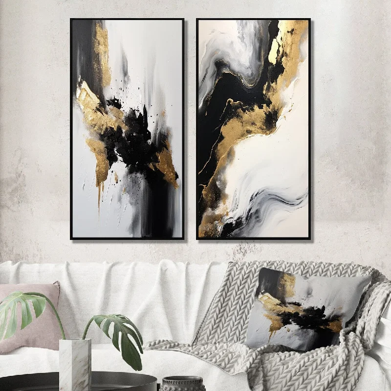 Boho macrame geometric wall art for texture-Designart "Organic Bliss Minimal Abstract Gold And Black III" Abstract Painting Framed Gallery Set Of 2 For Office Decor