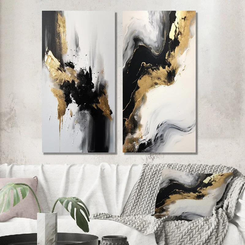 Contemporary floral geometric wall art for modern-Designart "Organic Bliss Minimal Abstract Gold And Black III" Abstract Wall Art Set of 2 - Modern For Living Room Decor