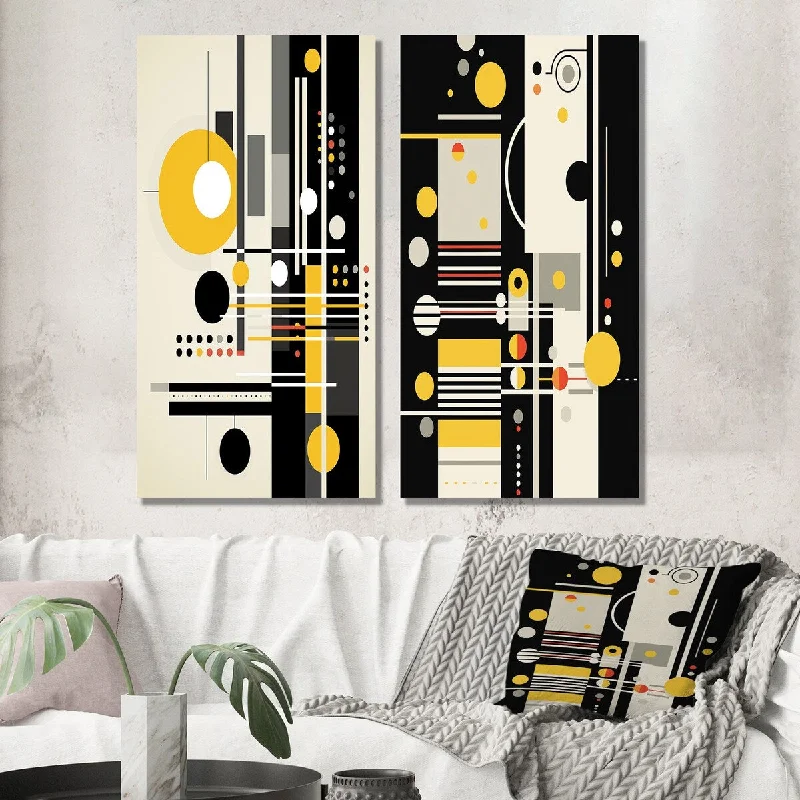 Vintage botanical canvas wall art for elegance-Designart "Paradise Of Sound Retro Abstract Yellow Black" Modern Wall Art Set of 2 - Modern For Living Room Decor