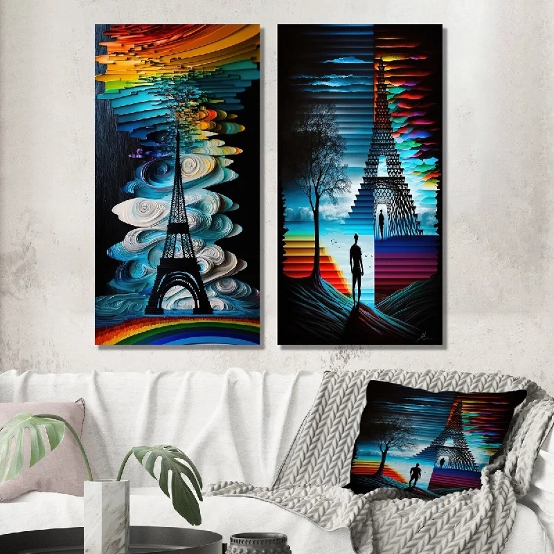 Contemporary geometric canvas wall art for edge-Designart "Paris Eiffel Tower Contemporary Rainbow II" City Paris Wall Art Set of 2 - Traditional Living Room Decor