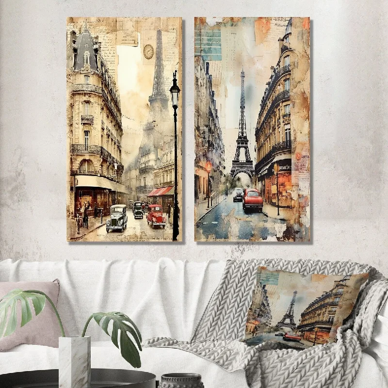 Nature themed abstract wall art for peace-Designart "Paris Nostalgia Vintage Collage II" City Paris Wall Art Set of 2 - Traditional Gallery Set For Office Decor