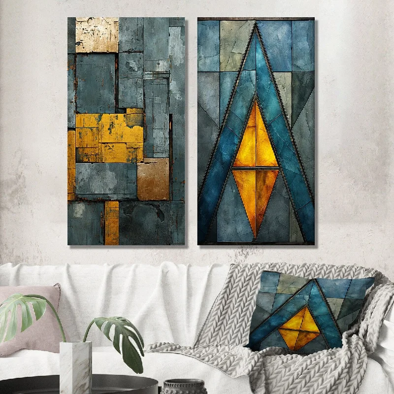 Large colorful wall art for dining room-Designart "Passage Of Time Distressed Yellow And Blue" Modern Geometric Wall Art Set of 2 - Modern Wall Art For Bedroom