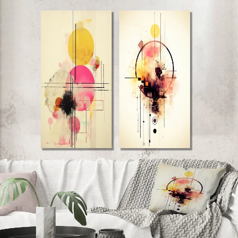 Vintage botanical canvas wall art for elegance-Designart "Pastel Grace Vintage Pink Gold Circle IV" Modern Geometric Wall Art Set of 2 - Modern Wall Art For Bedroom