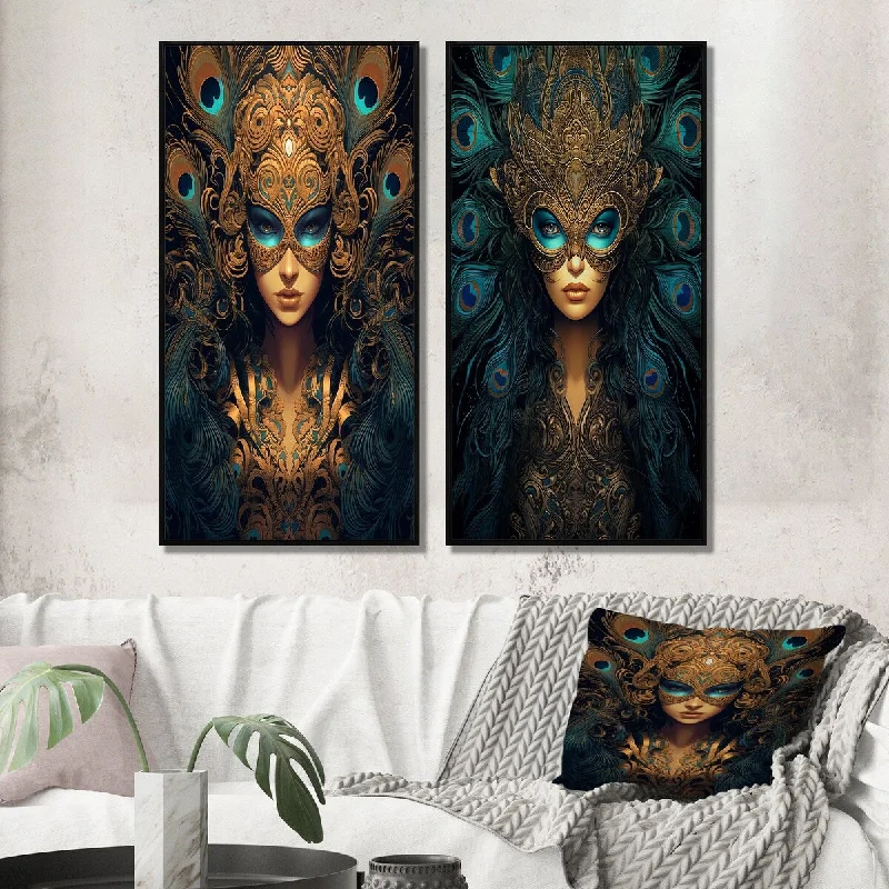 Vintage botanical abstract wall art for retro-Designart "Peacock Feather Mysterious Goddess II" Fashion Woman Framed Wall Art Set Of 2 Gallery Set For Office Decor