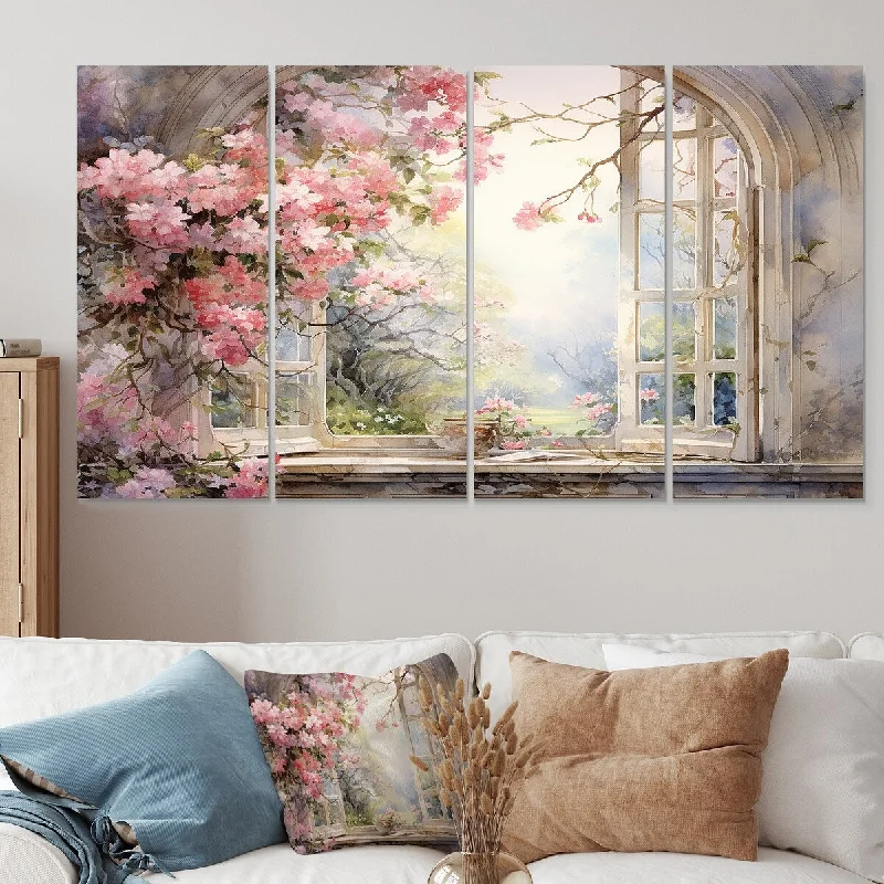 Luxury gold wall art for hallway-Designart "Pink Blossoming Country Window Gaze I" Window Extra Large Canvas Set Of 4 - Oversized Traditional Wall Art