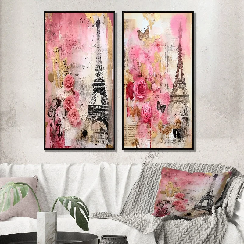 Boho macrame wall art for texture-Designart "Pink Blossoming Spring In Paris Vintage Collage II" City Paris Wall Art Décor - Traditional Wall Art Set Of 2