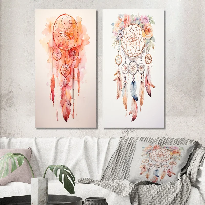 Boho macrame abstract canvas wall art for texture-Designart "Pink Boho Dreamcatcher Watercolor I" Dream catcher Wall Art Set of 2 - Traditional Living Room Decor