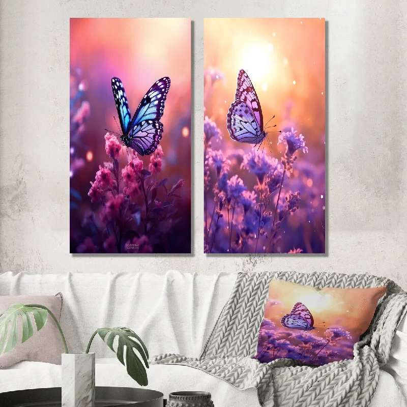 Small rustic abstract wall art for nook-Designart "Pink Butterfly Wonderful Sunset IV" Animal Wall Art Set of 2 Children's Art Wall Art For Home Decor