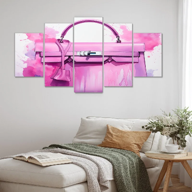 Abstract canvas wall art for living room-Designart "Pink Fashion Handbag Elegance" Pink Fashion Bag Set Of 5 - Glam Oversized Canvas Art For Bedroom Decor