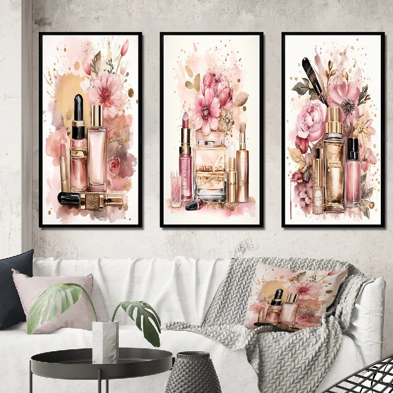 Handmade watercolor wall art for kids-Designart "Pink & Gold Cosmetics Boho Chic Beauty Make-up IV" Toiletries Framed Wall Art Set Of 3 Glam For Office Decor