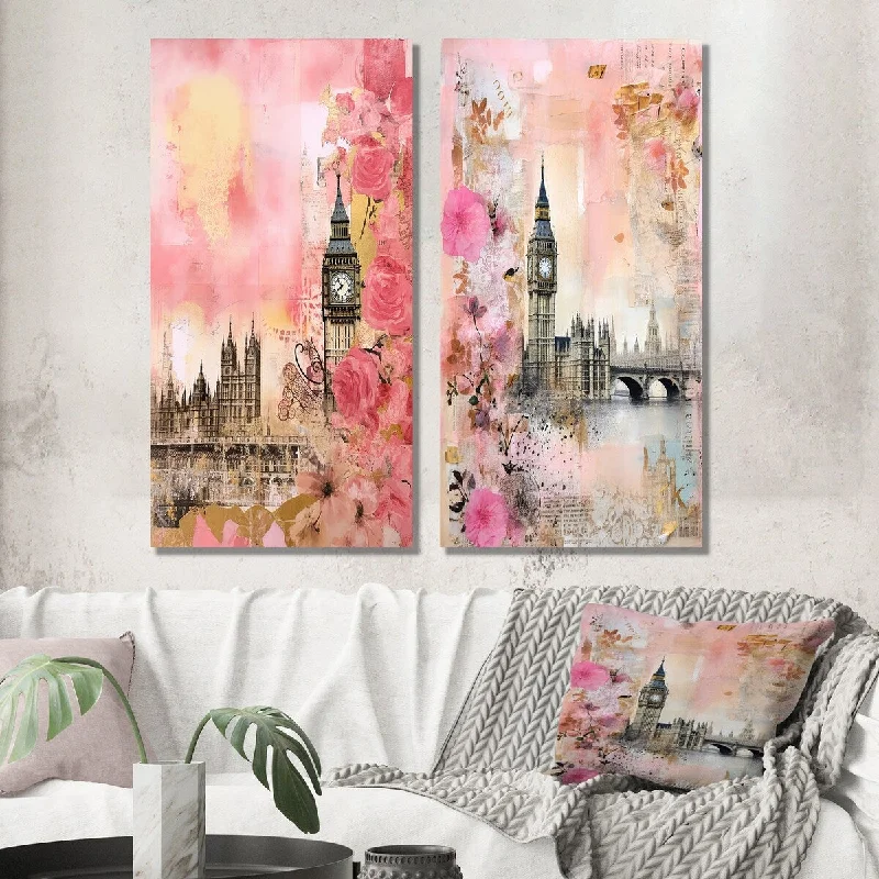 Luxury gold animal wall art for glamour-Designart "Pink Vintage Floral London Big Ben II" City London Wall Art Set of 2 - Traditional Wall Art For Bedroom