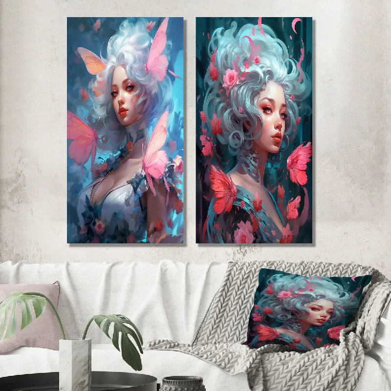 Vintage portrait wall art for classic style-Designart "Playful Elfish Girl Pastel Butterflies Flowers III" Fashion Wall Art Set of 2 - Glam For Living Room Decor