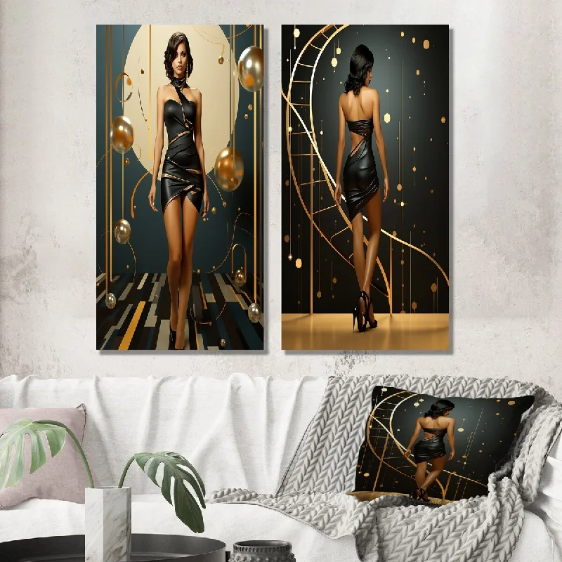 Nature inspired floral abstract wall art for calm-Designart "Playful Evening Glam Portrait II" Fashion Woman Wall Art Set of 2 - Glam Gallery Set For Office Decor