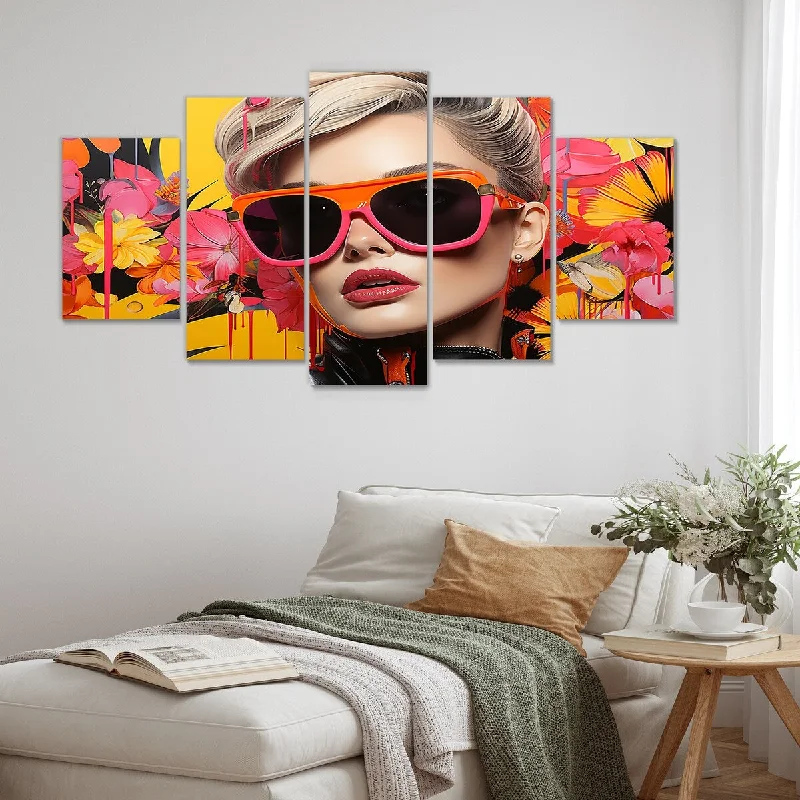 Custom framed wall art for gift-Designart "Pop Art Glam Floral Woman Portrait With Sunglasses And Flowers I" Fashion Set Of 5 Oversized Wall Art Decor