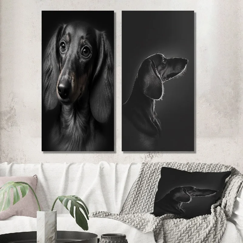 Contemporary geometric canvas wall art for edge-Designart "Portrait Of A Black Dachshund II" Animals Wall Art Set of 2 - Children's Art Wall Art For Home Decor