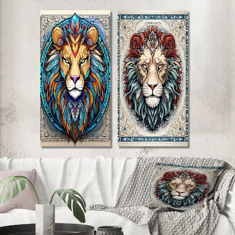 Small rustic wall art for cozy nook-Designart "Portrait Of A Wild Lion Contemporary Illustration" Animal Set of 2 Children's Art For Living Room Decor