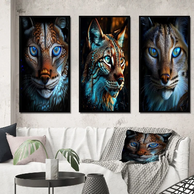 Custom framed floral abstract wall art for gift-Designart "Portrait Of Beautiful Lynx With Blue Eyes II" Other Plants & Flowers Frame Gallery Set Of 3 For Office Decor