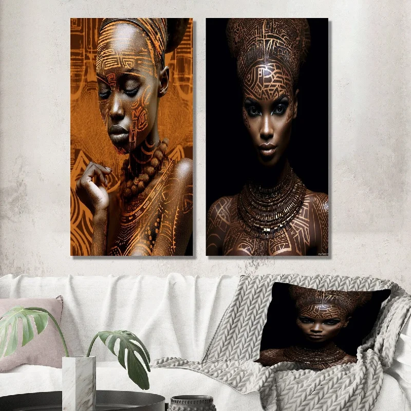 Luxury canvas wall art for upscale decor-Designart "Portrait Of Exquisite African Beauty III" Woman Wall Art Set of 2 - Glam Wall Art For Living Room Decor