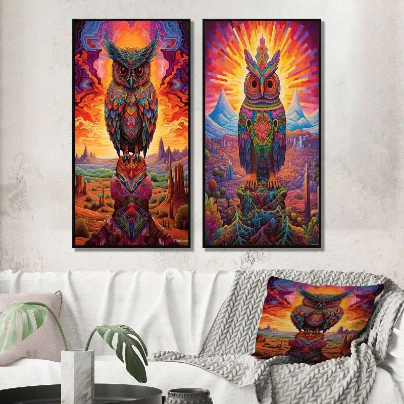 Modern animal wall art for trendy decor-Designart "Portrait Of Purple Shamanic Owl Mexican Dessert II" Animals Wall Art Décor Gallery Set For Office Decor