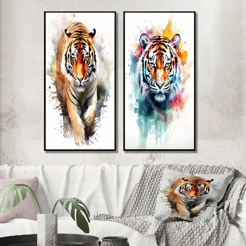 Nature inspired geometric wall art for balance-Designart "Portrait Of Tiger Watercolor I" Animals Framed Wall Art Gallery Set For Office Decor