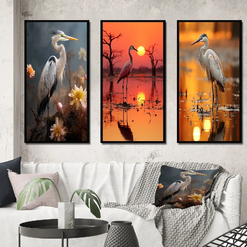 Luxury framed animal wall art for class-Designart "Portrait Of White Heron Wildlife Photography III" Animals Heron Frame Gallery Set Of 3 For Office Decor