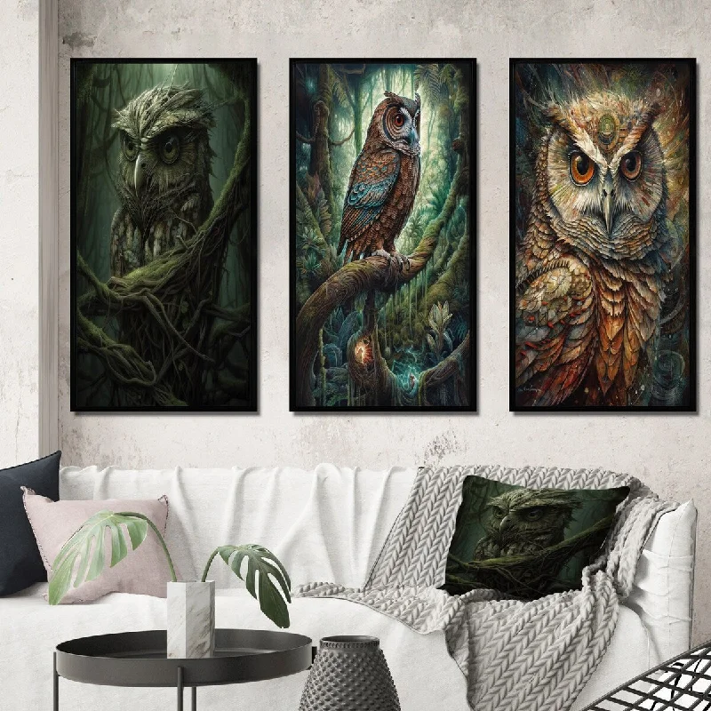 Geometric pattern wall art for modern vibe-Designart "Portrait Of Wise Magical Owl I" Animals Owl Framed Wall Art Set Of 3 - Children's Art For Office Decor