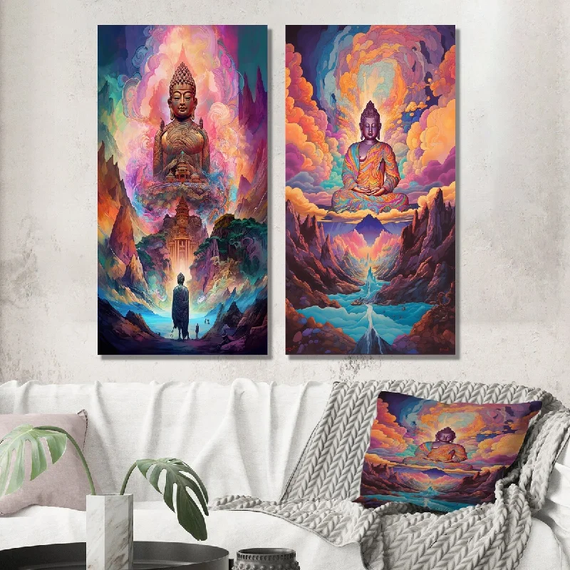 Nature themed floral modern wall art for peace-Designart "Psychedelic Buddha in The Mountains VI" Buddhism Wall Art Set of 2 - Traditional Wall Art For Bedroom