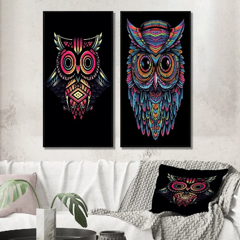 Modern animal wall art for trendy decor-Designart "Psychedelic Owl Portrait On Black II" Animals Owl Wall Art Décor - Children's Art Wall Art Set Of 2