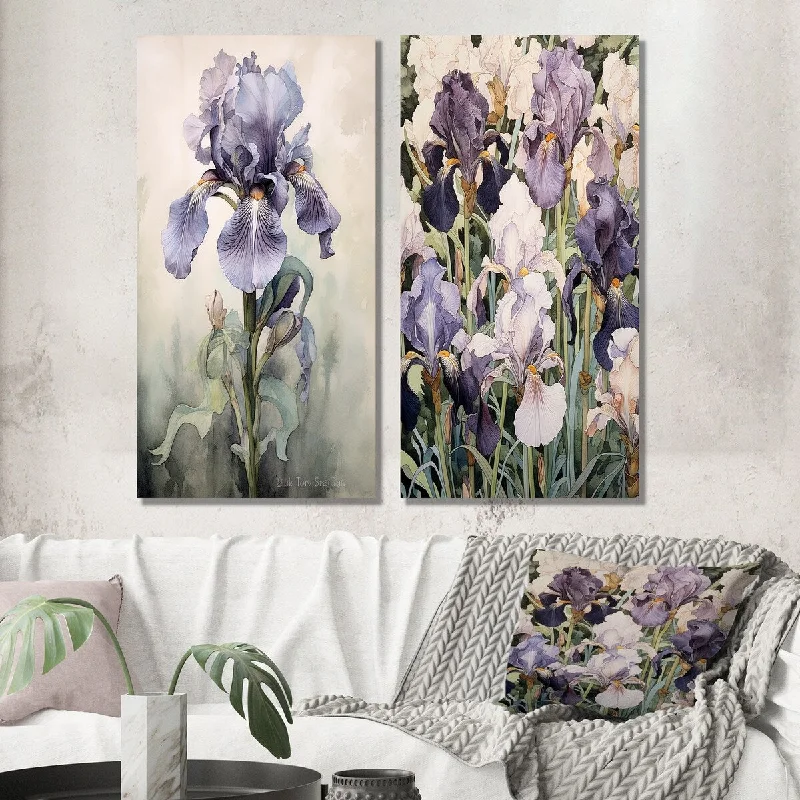 Rustic wooden abstract wall art for contrast-Designart "Purple Iris Blossoming In The Wild Meadows II" Wildflowers Wall Art Set of 2 - Traditional Living Room Decor