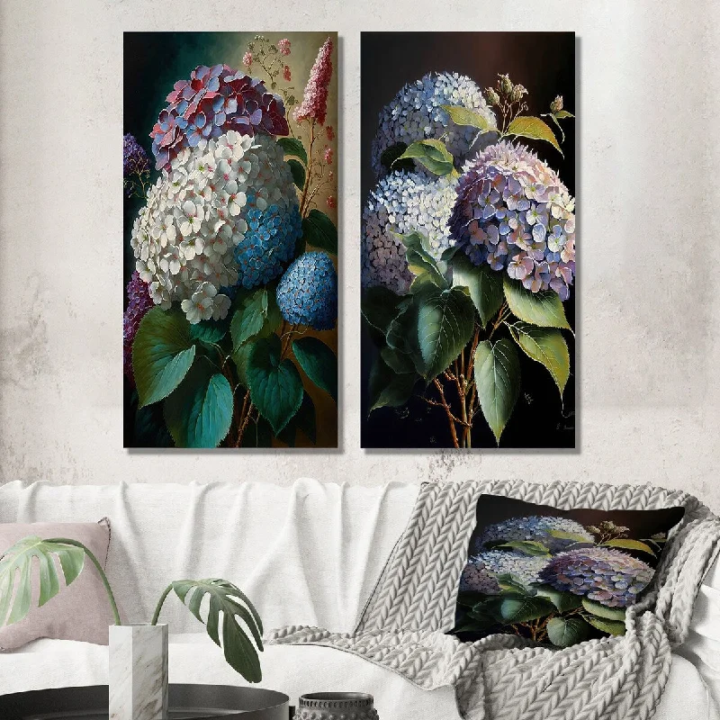 Boho style abstract wall art for warmth-Designart "Purple Retro Hydrangena I" Floral Wall Art Set of 2 - Traditional Wall Art For Home Decor