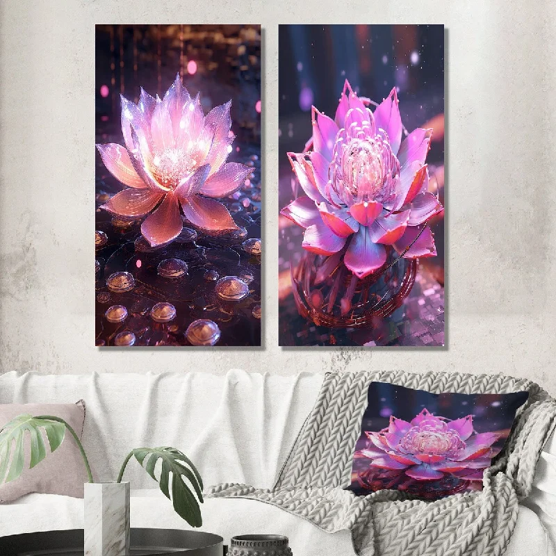 Nature themed wall art for outdoor vibe-Designart "Radiant Pink Blossoming Lotus Luminescent IV" Lotus Wall Art Set of 2 - Modern Wall Art For Home Decor