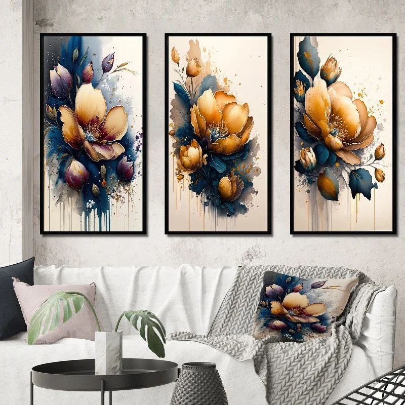 Contemporary geometric animal wall art for edge-Designart "Red Blooming Crocus Flowers III" Floral & Botanical Framed Wall Art Set Of 3 - Traditional For Office Decor