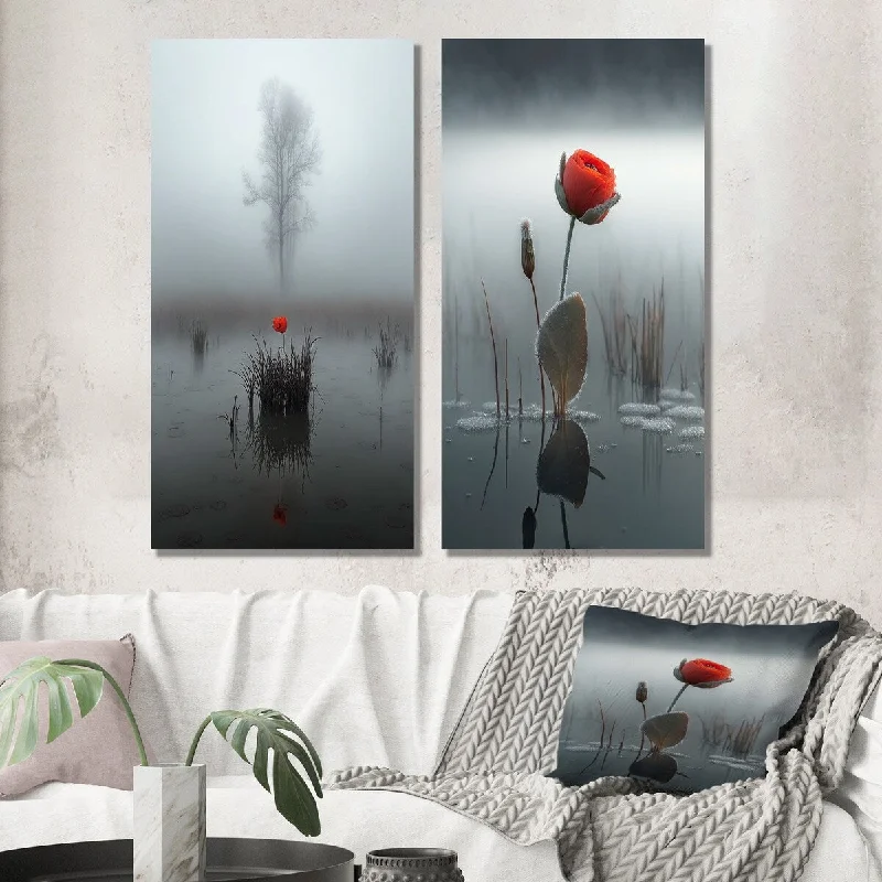 Nature themed floral canvas wall art for nature-Designart "Red Rose Blooming In Foggy Misty Pond I" Rose Wall Art Set of 2 - Traditional Wall Art For Home Decor