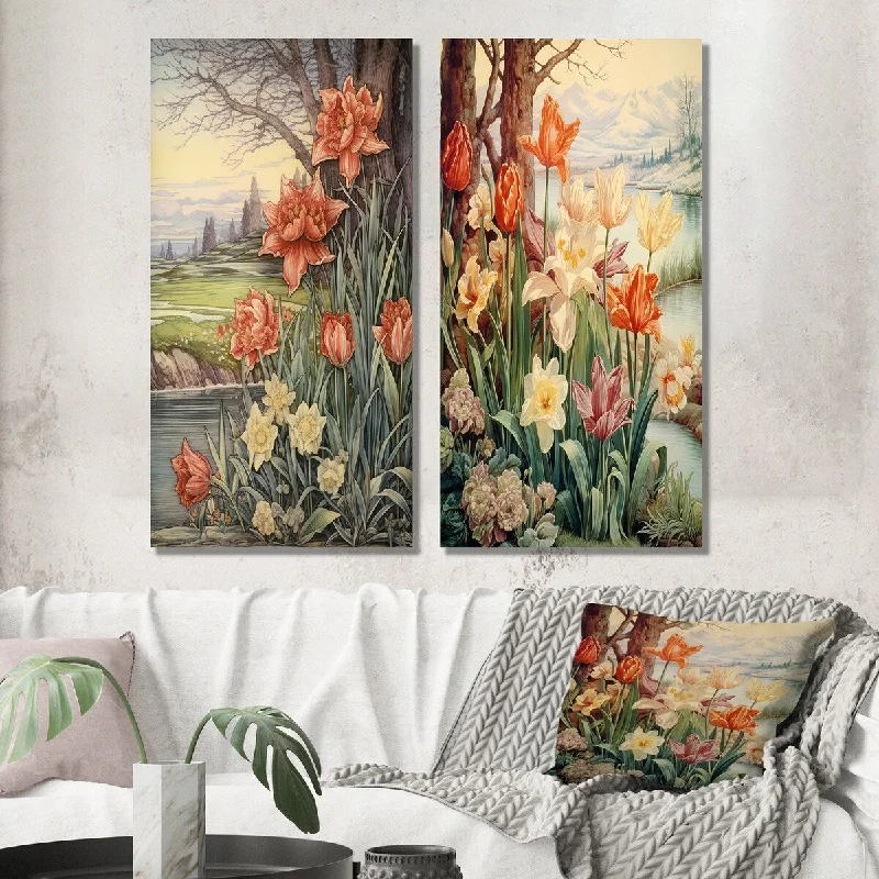 Small rustic animal wall art for cozy-Designart "Red Tulips Blooming Retro Illustration III" Wildflowers Wall Art Set of 2 Traditional Wall Art For Home Decor