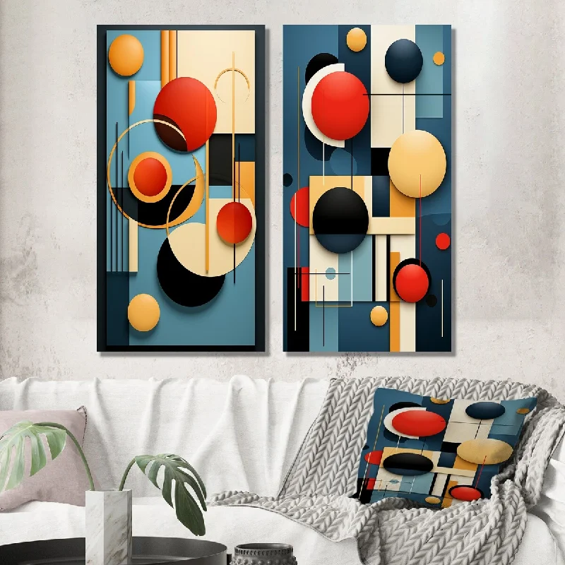 Small floral wall art for entryway-Designart "Retro Bliss Abstract Circular Geometrics III" Geometric Wall Set of 2 Modern Print Art For Living Room Decor