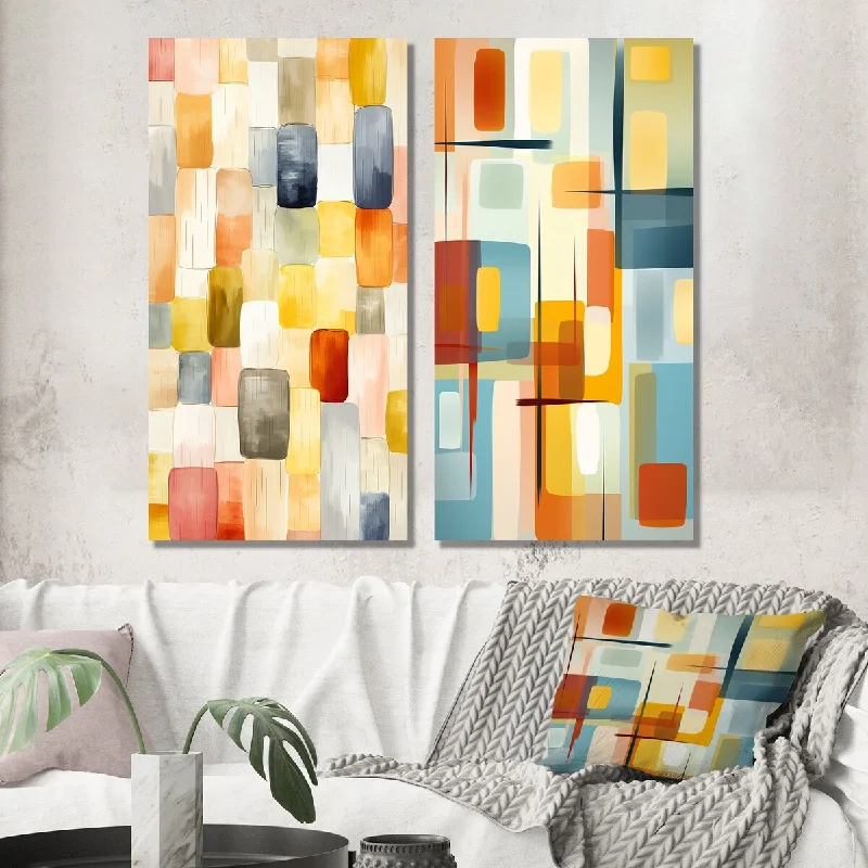 Contemporary geometric wall art for home-Designart "Retro Cubist Abstract Retro Composition" Modern Wall Art Set of 2 - Mid-Century Gallery Set For Office Decor