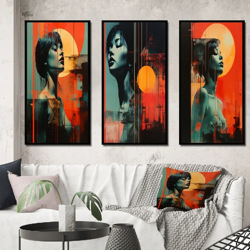 Contemporary colorful abstract wall art for pop-Designart "Retro Full Moon Aphrodisia Sensual Portrait V" Woman Sensual Framed Wall Art Set Of 3 - Glam For Office Decor