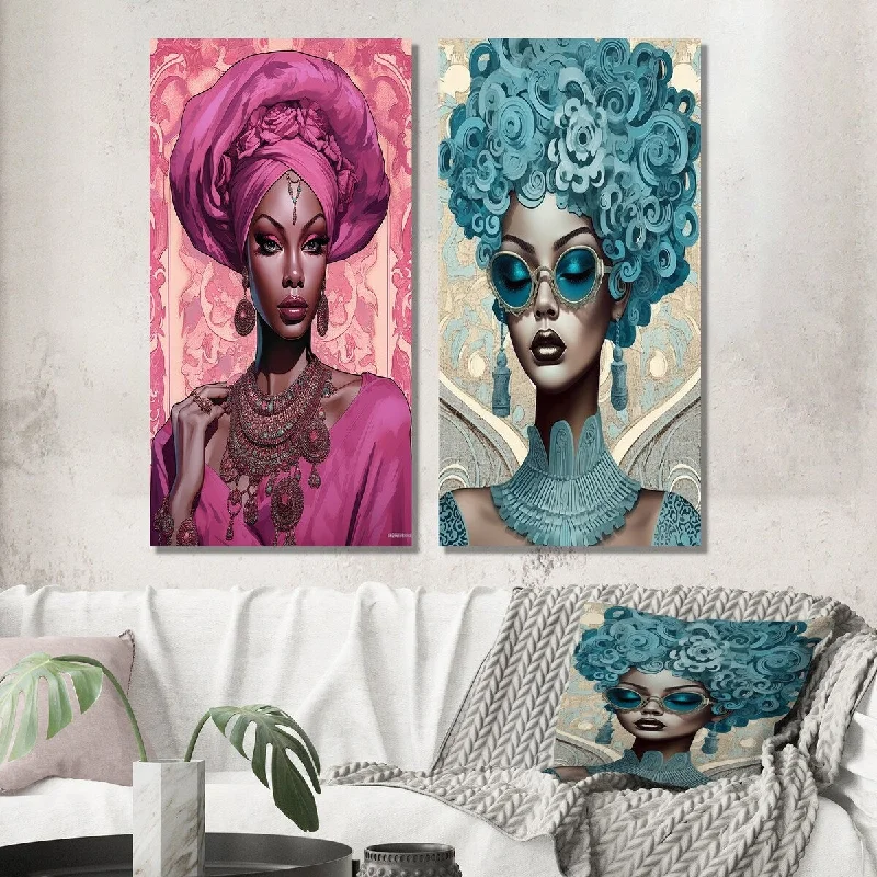 Hand-painted abstract floral wall art for detail-Designart "Retro Glam Fashion African American Beauty III" Woman Wall Art Set of 2 Glam Wall Art For Living Room Decor