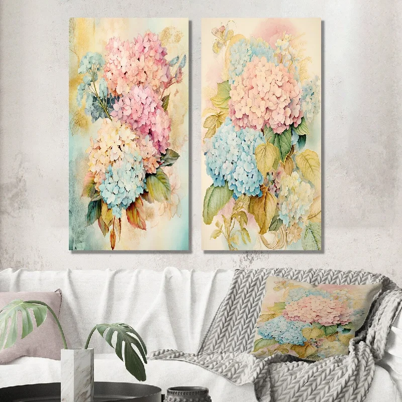 Handmade floral canvas wall art for beauty-Designart "Retro Hydrangea Bouquet In Blue And Pink I" Hydrangea Wall Art Set of 2 - Traditional Living Room Decor