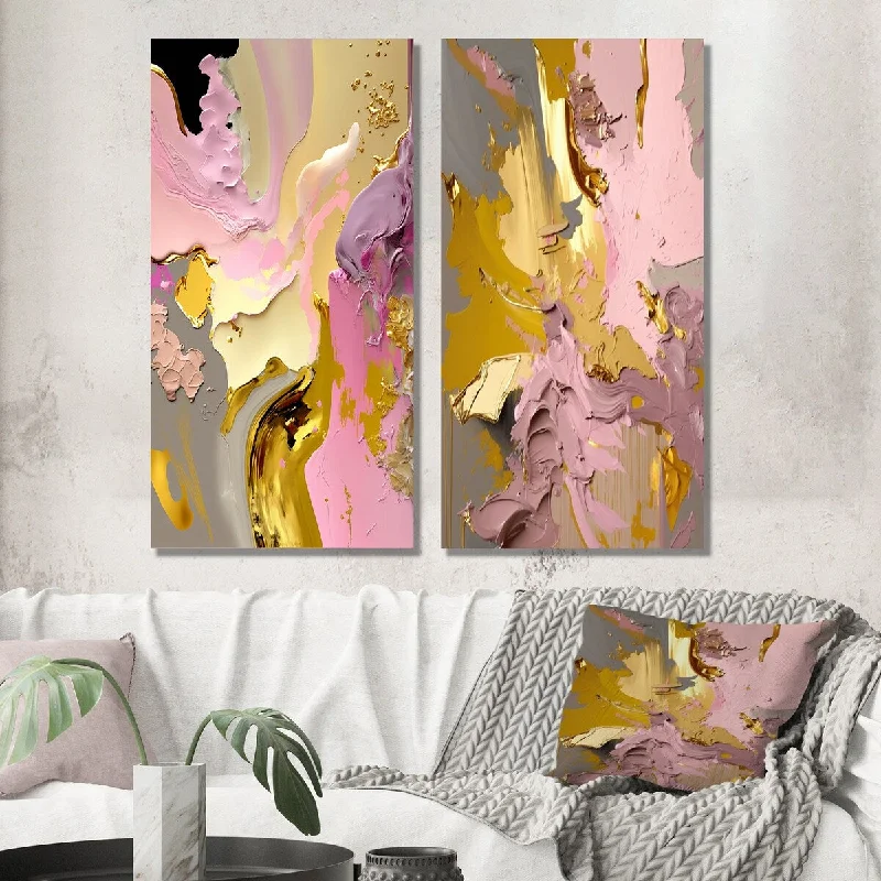 Minimalist geometric wall art for symmetry-Designart "Retro Pink And Vintage Gold Bliss II" Abstract Collages Wall Art Set of 2 - Transitional For Office Decor