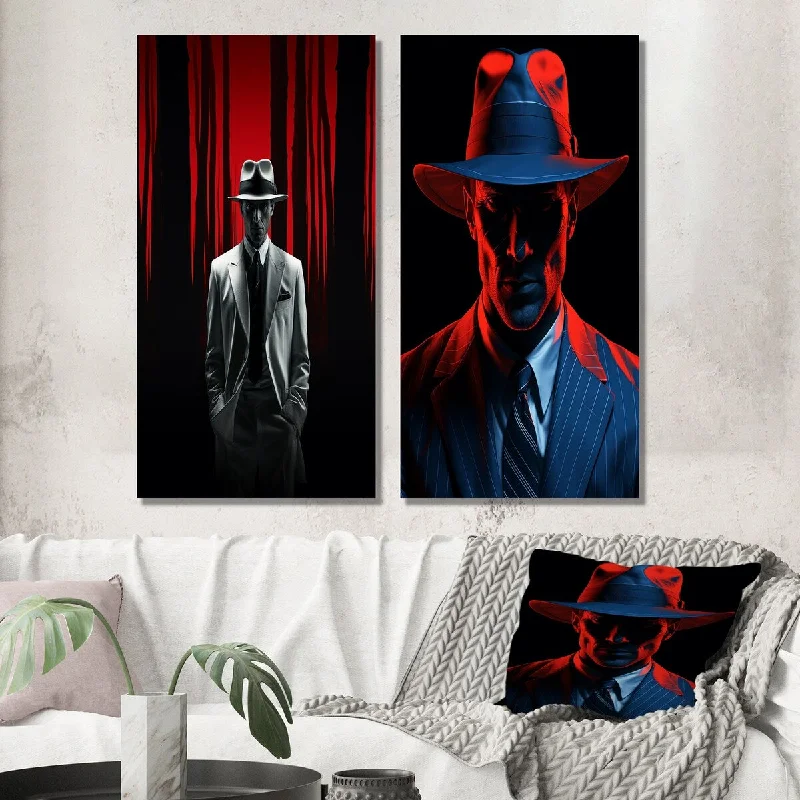 Large floral wall art for bold statement-Designart "Retro Portrait Of Black And White Man With A Hat" Man Wall Art Set of 2 Glam Print Art For Living Room Decor