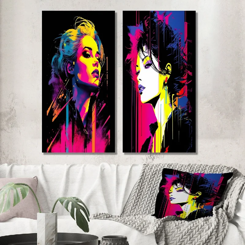 Small luxury wall art for intimate space-Designart "Retro Portrait Of Fierce Diva Woman In Neon VII" Woman Pop Art Wall Art Set of 2 - Glam For Office Decor