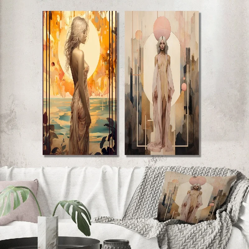 Vintage portrait wall art for classic style-Designart "Retro Sensuous Woman Portrait Full Moon Grace" Fashion Woman Wall Art Set of 2 - Glam Wall Art For Bedroom